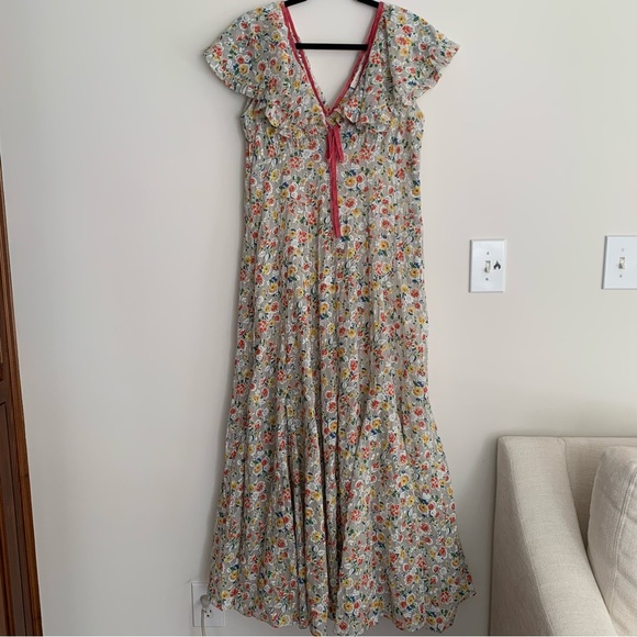 Doen Audette Cotton Ruffle Bow Ribbon Floral V Neck Maxi Dress Sunrise Blooms - Picture 12 of 16